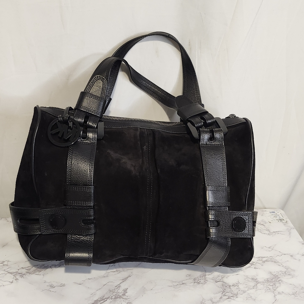 Michael Kors Women’s Large Harness Satchel Bag Black Suede Leather Tote